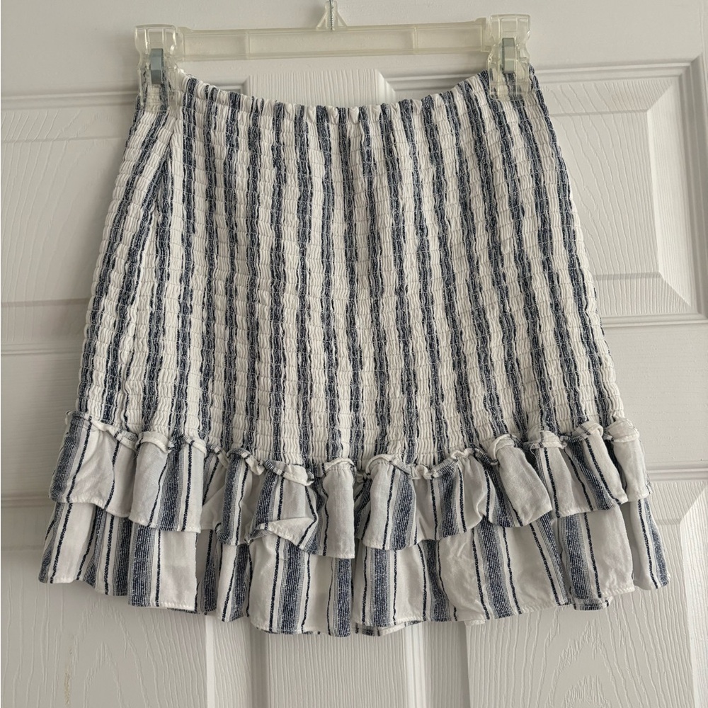 Aqua Navy and White Striped Ruffle-Hem Mini Skirt